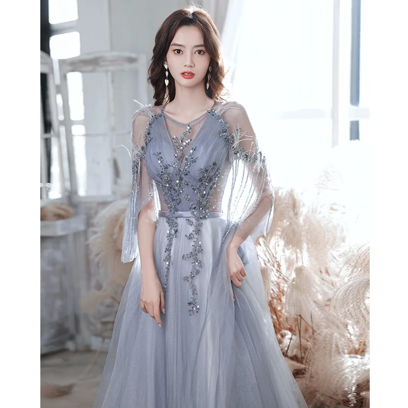 

Blue Off Shoulder Evening Dress Women Feather Tassel See-through Tulle Graduation Dresses Exquisite Luxury Elegant Cocktail Gown