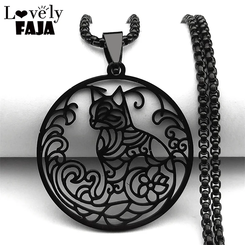 

New Hip-Hop Style Stainless Steel Cat Personalized Pendant Necklace For Men Women Black Hollow Flower Animal Jewelry Gifts