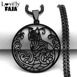 New Hip-Hop Style Stainless Steel Cat Personalized Pendant Necklace For Men Women Black Hollow Flower Animal Jewelry Gifts