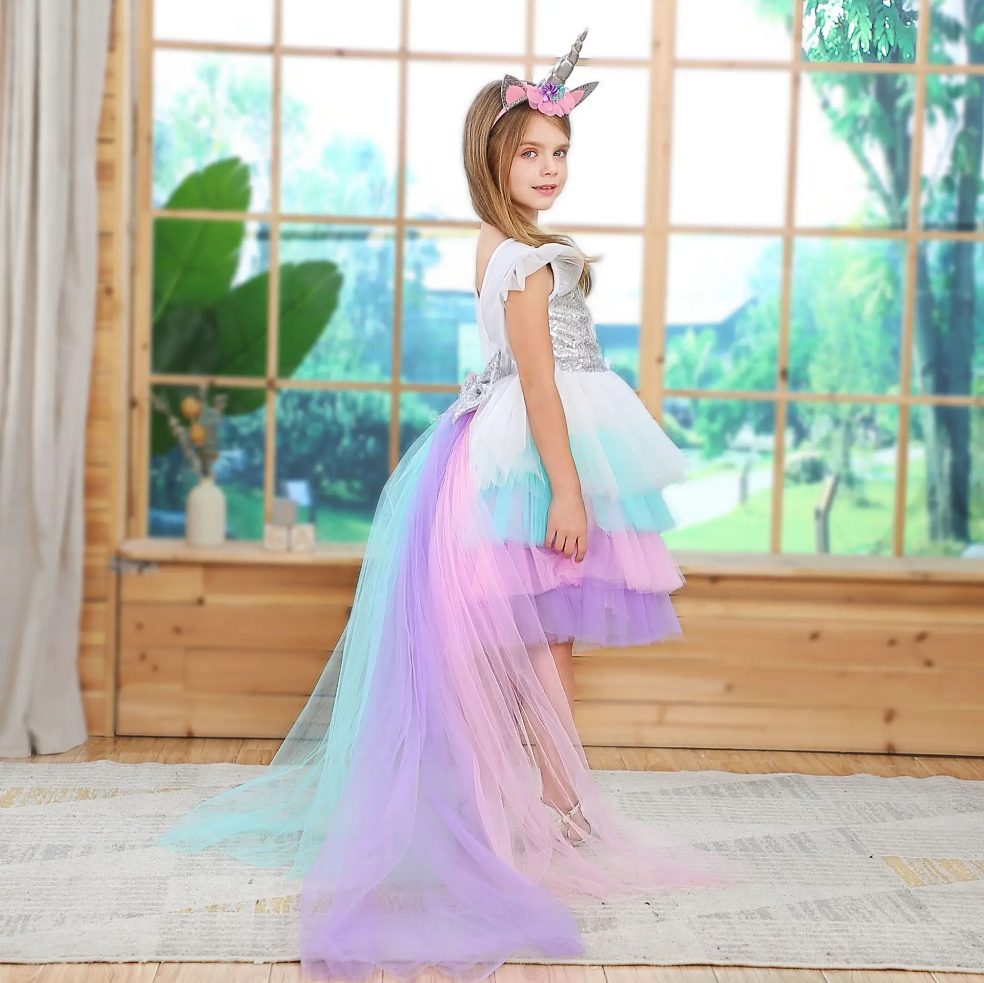 Rainbow Unicorn Gauze Ballet Pompadour Dress Girl Princess Dress Halloween Costume Size 100-150