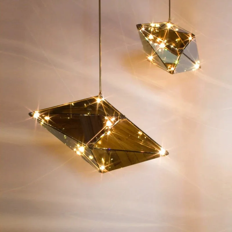 Luxury American Tea-Colored Rhombus Glass Chandelier, Dimmable Lustre Pendant Lamp for Living & Villa, Light for Ceilings