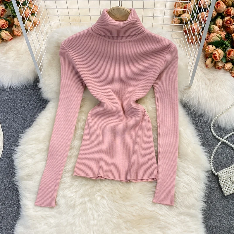 Autumn Winter High Neck Bottoming Shirt Women's Long Sleeved Elastic Slim Knitted Top Korean Female Solid Versatile Thin Sweater