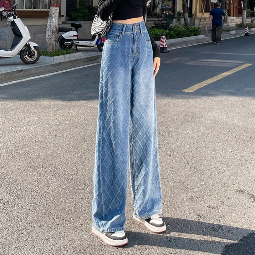 2023 Spring/Summer New High Waist Straight Rhombic Checked Women's Jeans Large Loose and Slim Design Fashion Pant Trend