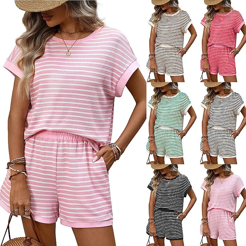 Summer Spring Women's Short Sleeve Shorts Two Piece Matching Set Round Neck Patchwork Casual Lounge Set