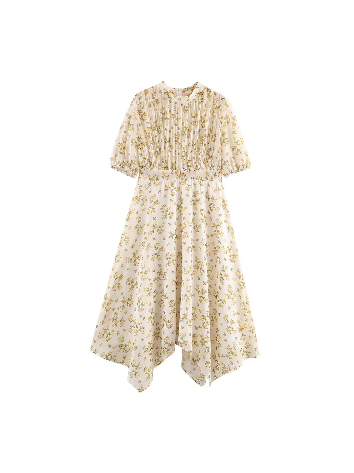 

Withered Spring New Women's Fashion Temperament Round Neck Short Sleeved Irregular Floral Slimming Dress