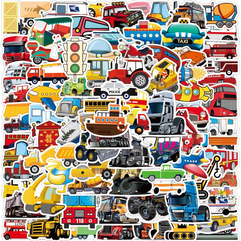 100 Pcs/Set Cartoon Engineering Vehicle Truck Graffiti Sticker for Children Boy Skateboard Laptop Luggage Box DIY Decoration