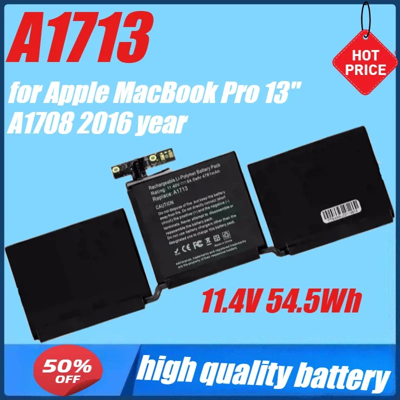 

11.4V 54.5Wh A1713 Laptop Battery for Apple MacBook Pro 13'' A1708 2016 Year