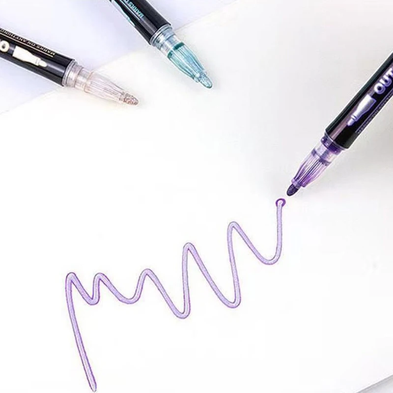 Pena garis ganda 8/12/24/36 warna, pena gambar tulis Glitter, spidol logam garis garis ganda, pena untuk menulis kartu Natal