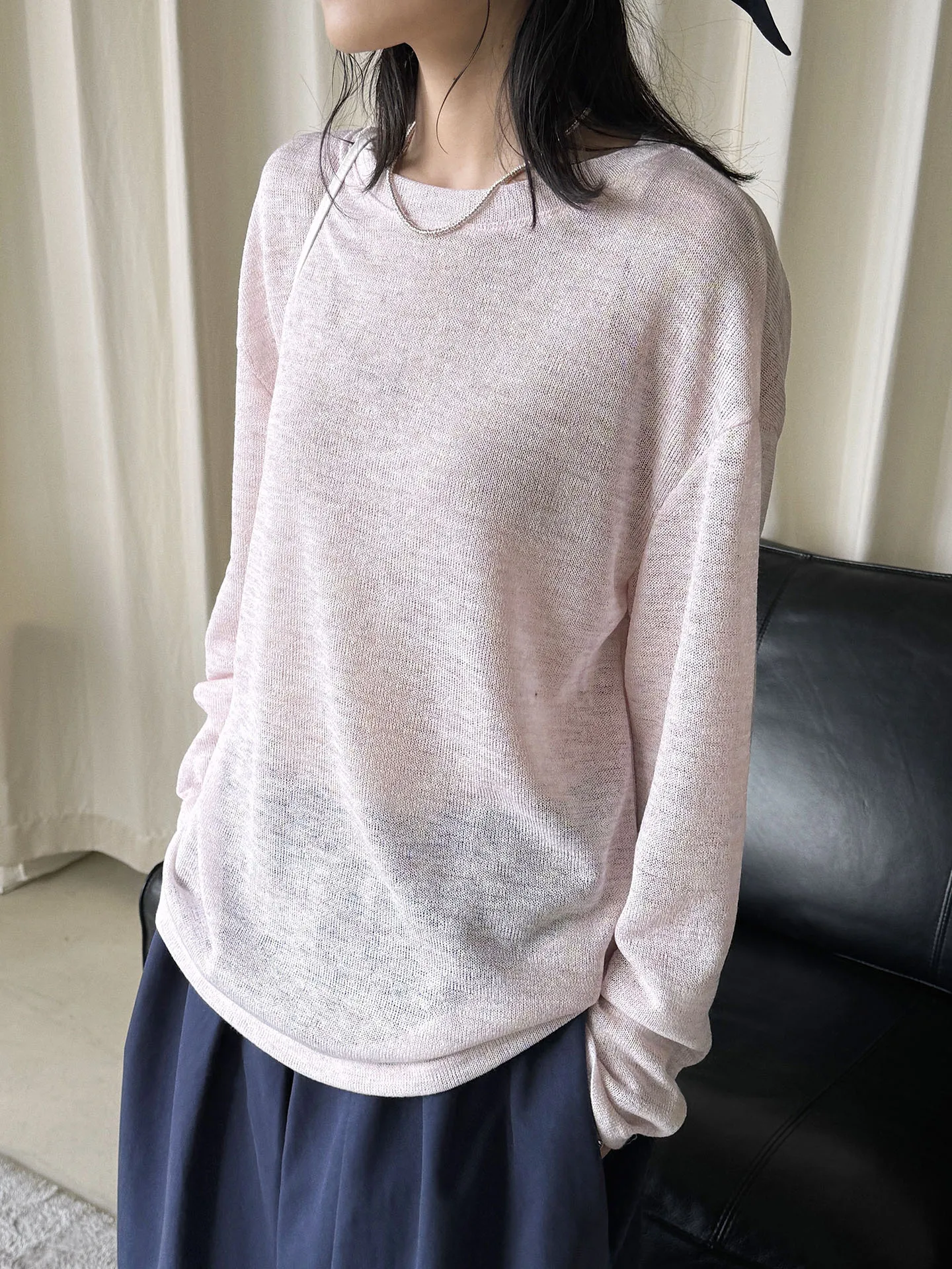 FANAN Oversized Sheer Knit Long Sleeve Top Women Thin Breathable Crew Neck Sun Protection Casual Beach Blouse Female