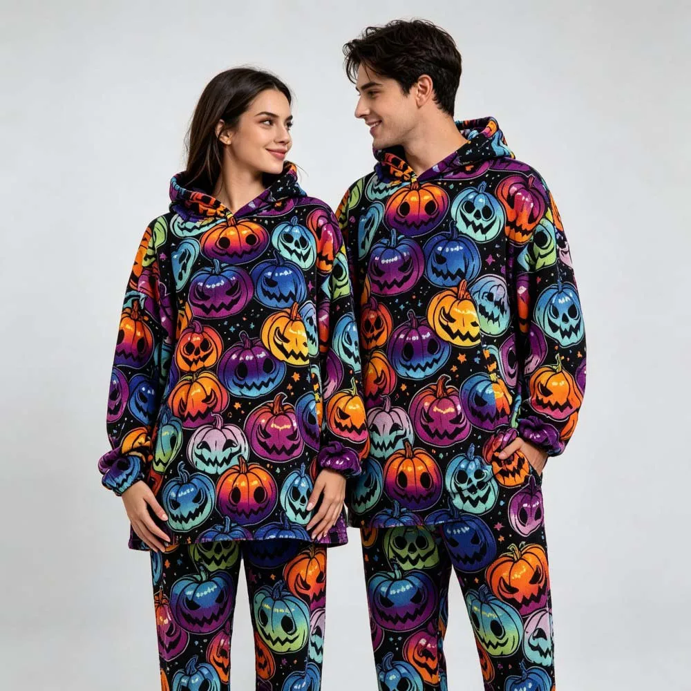 Matching Couple Pajamas Set Halloween Pumpkin Print Winter Oversize Blanket Hoodie and Pants Men Homewear Flannel Woman Pyjamas