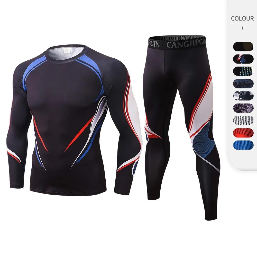Autumn and winter men's fitness suits high elastic tights quick-drying training trousers digital printing sports two-piece suit