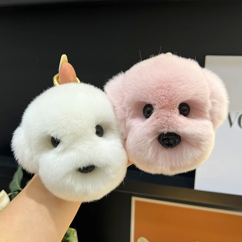 Plush Cute White Dog Head Real Rex Rabbit Fur Keychain Women HandBag Pendant Puppy Toy Car Key Trinkets Jewelry Metal Ring Gift