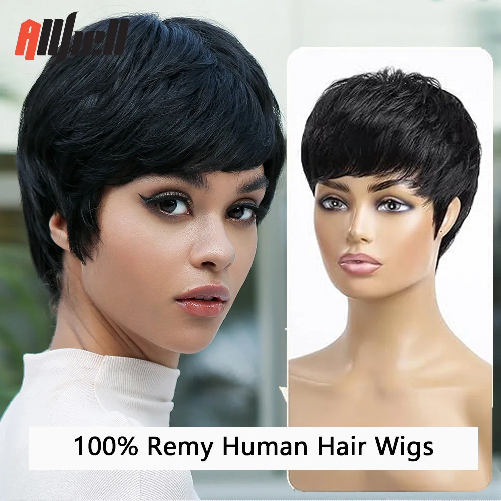 Short Pixie Cut Human Hair Natural Black Remy Human Hair Wig for Black Women Straight Layered Machine Made Cheap Wig