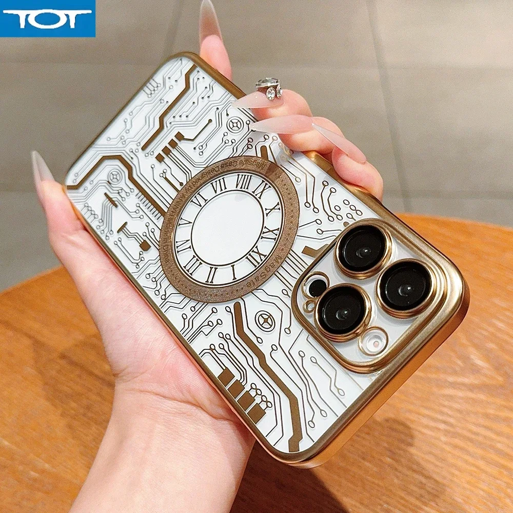 

Plating Magnetic Wireless Charging For Magsafe Case For iPhone 16 Pro Max 15 14 13 12 11 Circuit Pattern Soft Shockproof Cover