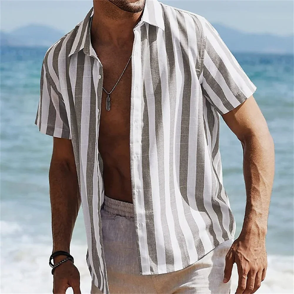 Summer men's hot selling retro striped 3D printed short sleeved shirts for leisure vacation parties, high-quality men's clothing