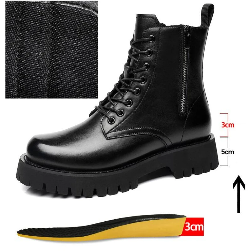 Zipper Man Height Boot Ankle Men Leather Boots High Heel Male Elevator botas masculino Hidden Heel 8CM Increasing