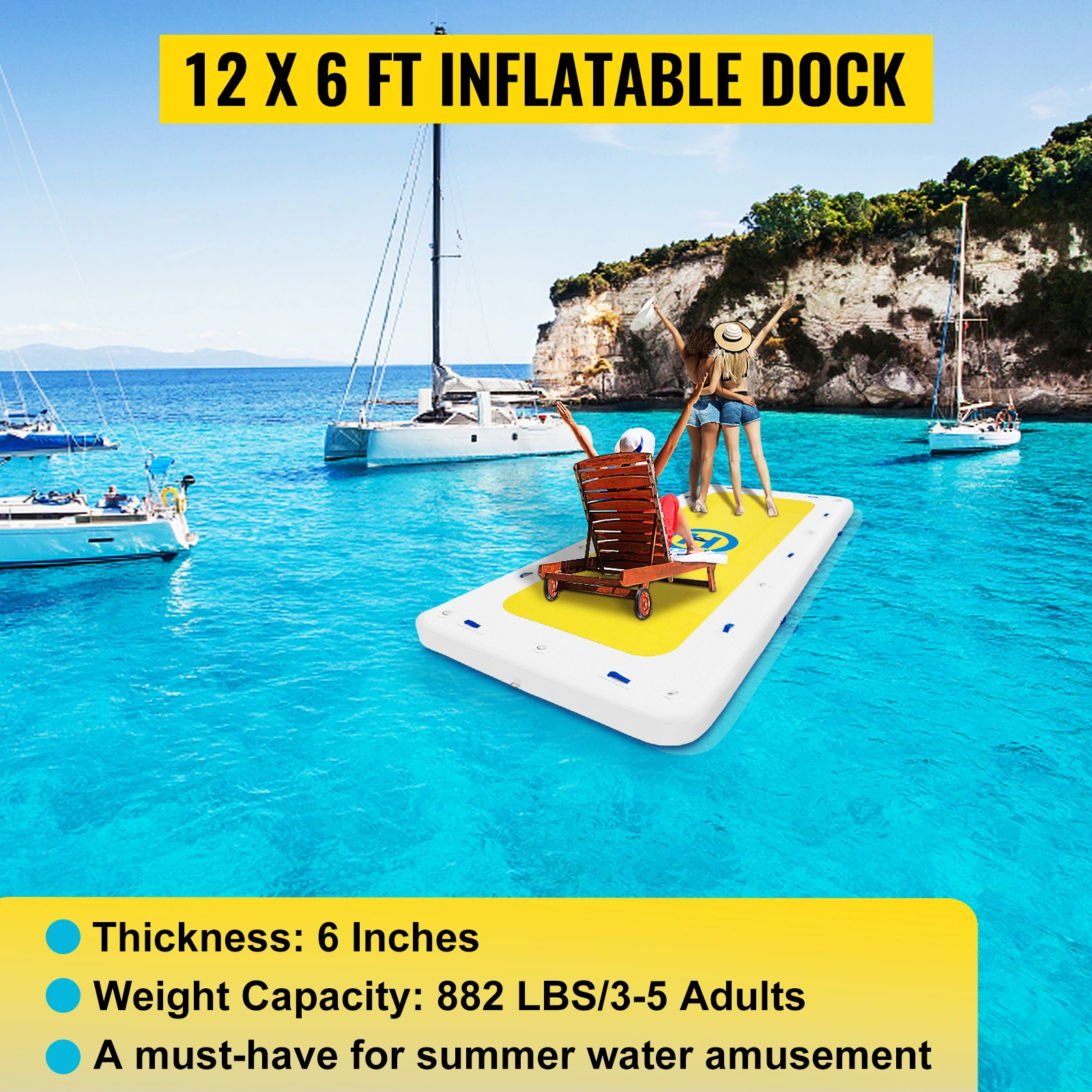 VEVOR Inflatable Dock Platform PVC Floating Dock 8 x 6 ft /8 x 8 ft /12 x 6 ft 3-4 /3-5 Person w/2 Pumps Inflatable Floats & Tub