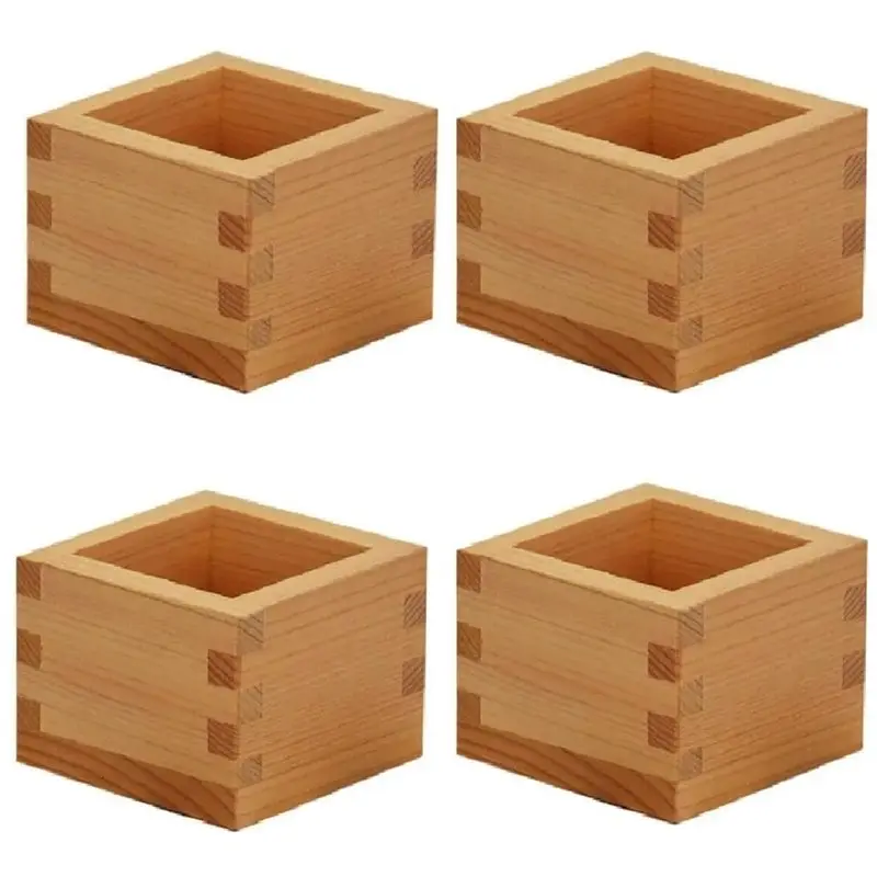 A96K-Japanese Culture Wood 4Pcs Sake Cup Masu Box Square Wooden Wine Tray,Dessert Box Put The Wine Glass Inside
