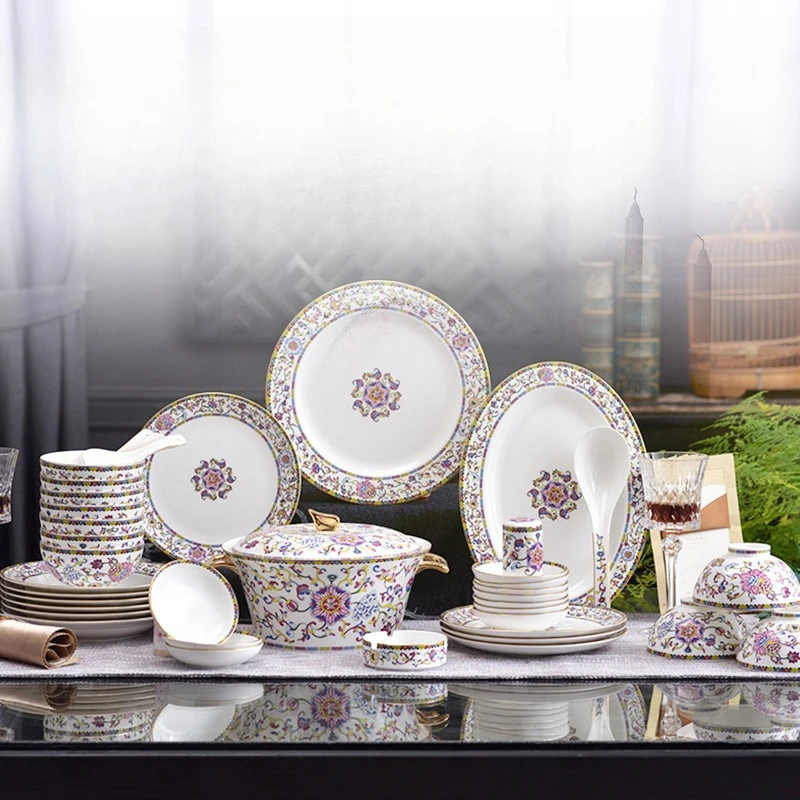 Enamel Baolian White Four Seasons Flowers, Dish Set, Tableware High-end Gifts