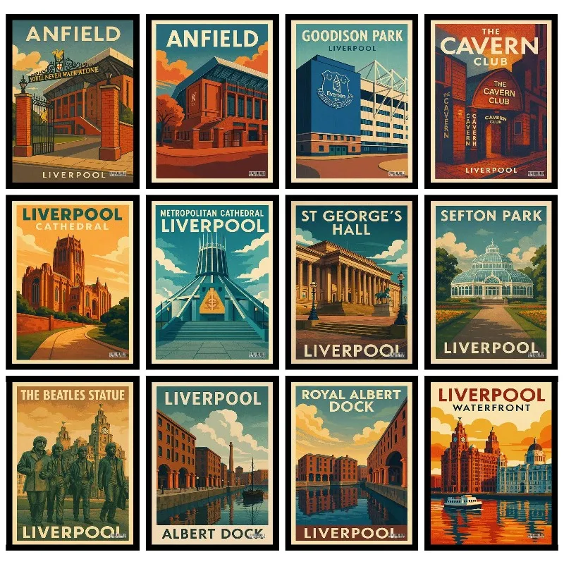 Póster de viaje moderno con lugares emblemáticos de Liverpool, arte de pared con paisaje urbano de Liverpool, impresión en lienzo del horizonte de Inglaterra, decoración para el hogar con arquitectura