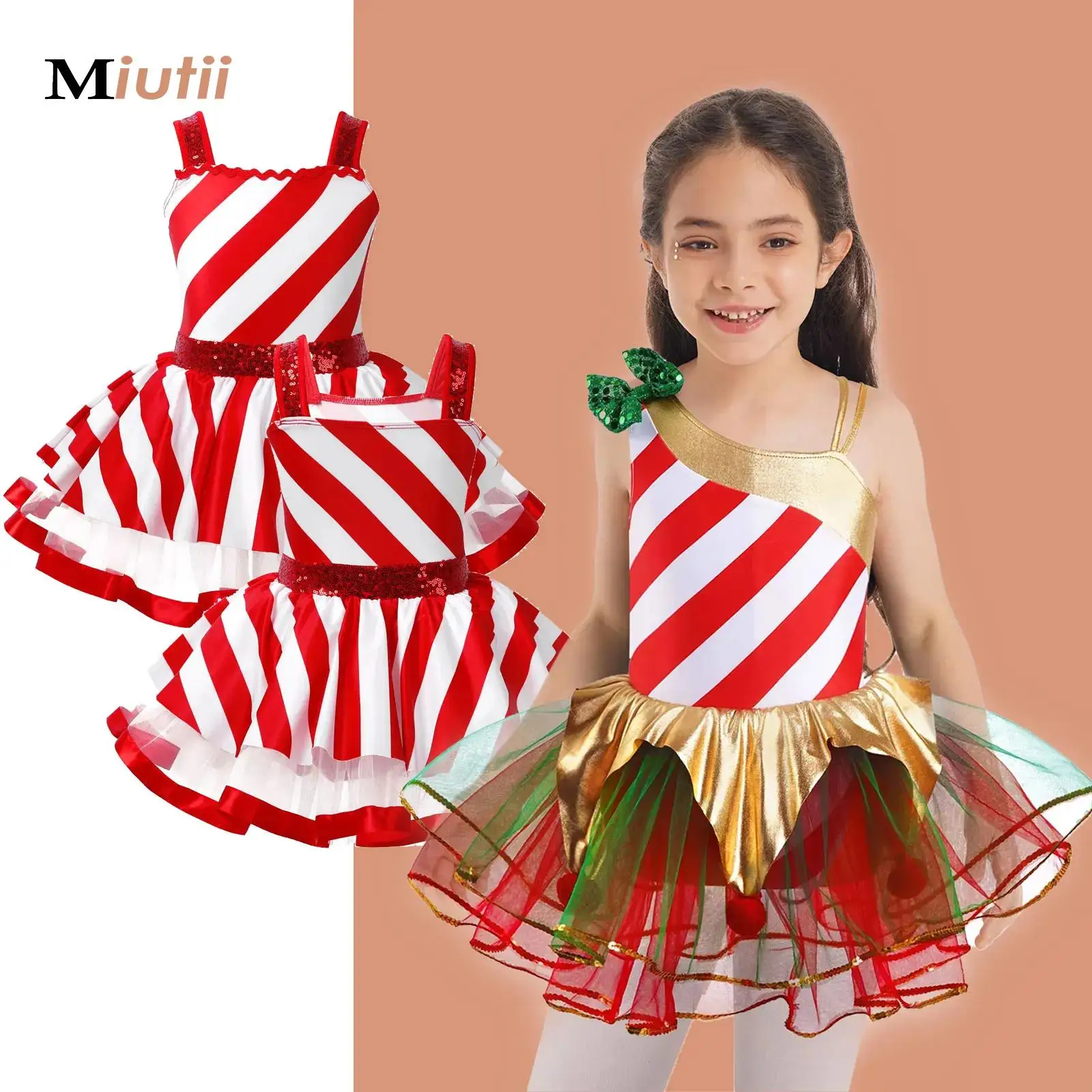 

Kids Girls Christmas Ballet Tutu Dance Costume Candy Cane Mrs Santa Claus Costume Artistic Figure Skating Twirling Leotard Dress