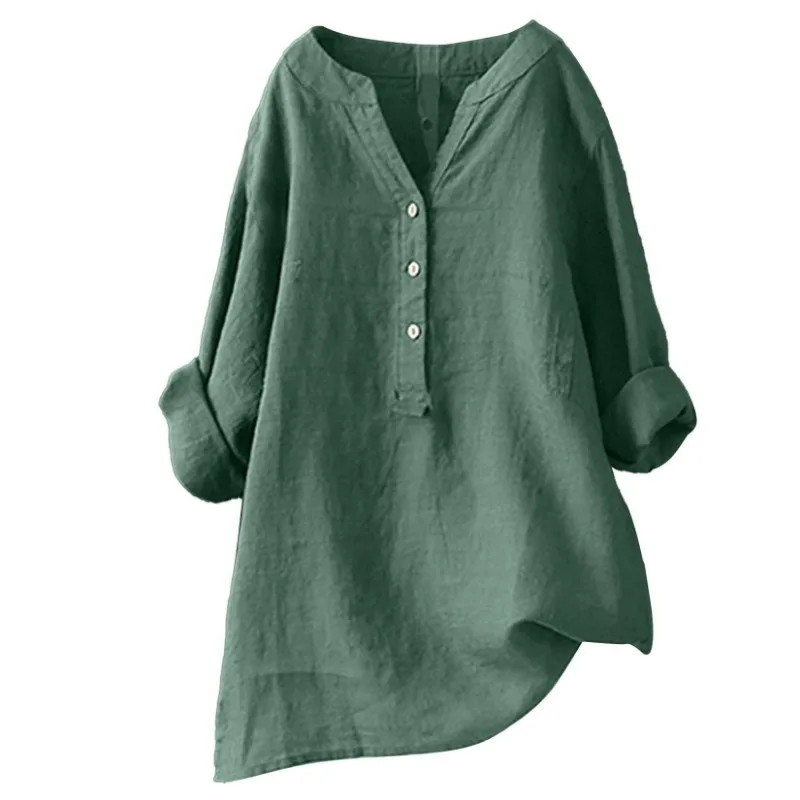 Women's Multi-Color Linen Long Sleeve Blouse Henley Neck Asymmetric Hem Loose Casual Top