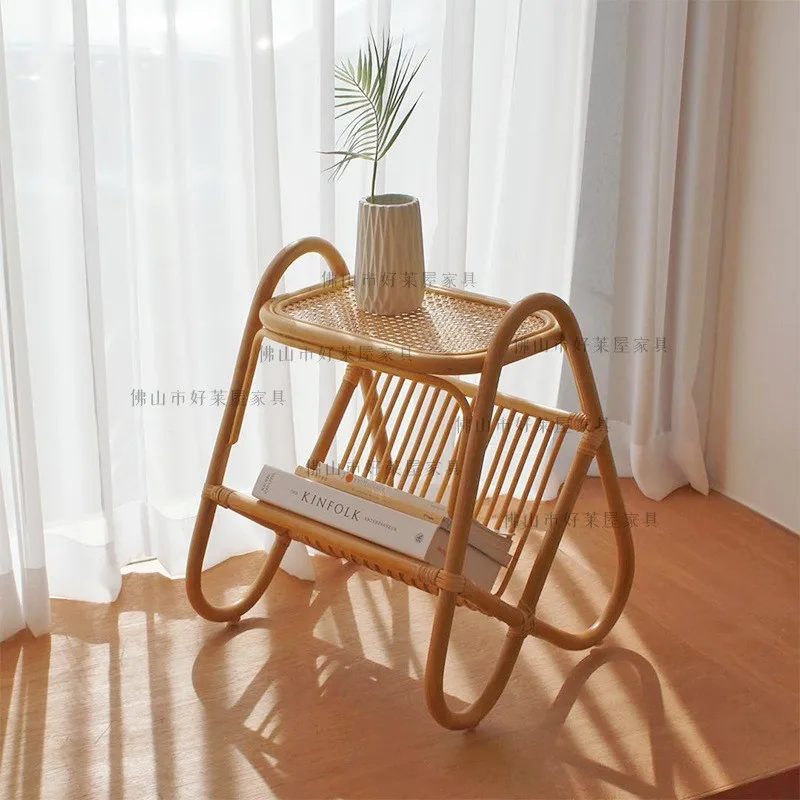 MOMO Ins Rattan Storage Small Coffee Table Homestay Style Floating Window Japanese Corner Table Side Table Mini Magazine Shelf