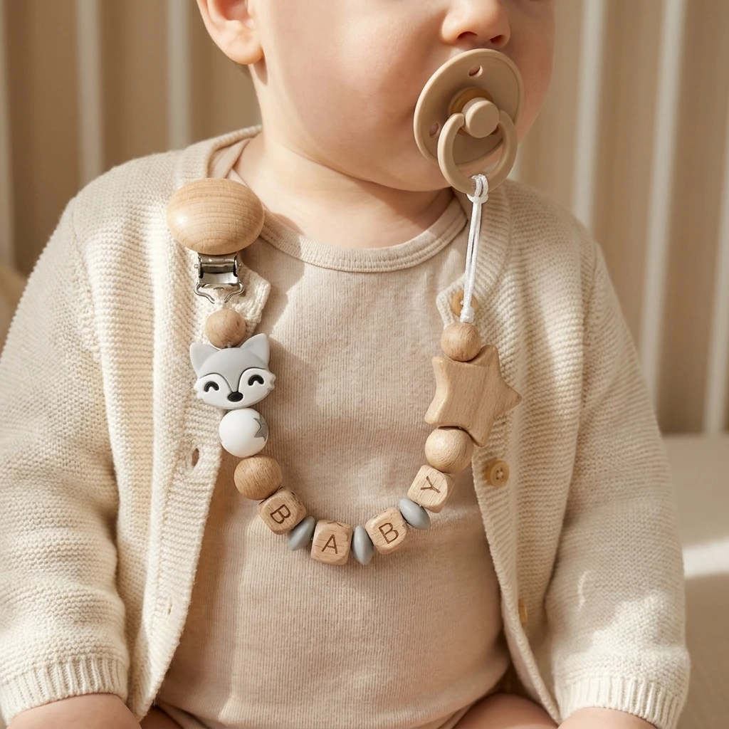 Personalized Fox Wooden Pacifier Clip Custom Name Baby Teether Dummy Chain Handmade Safe Silicone BPA Free Teething Gift
