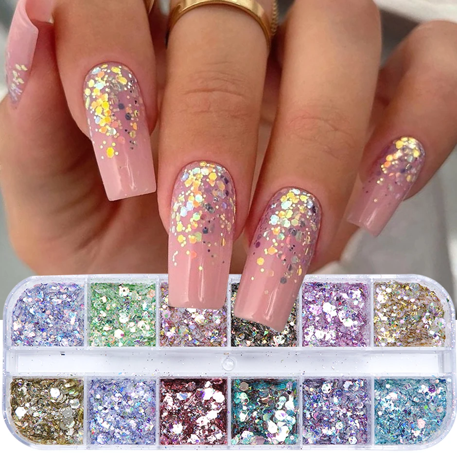 12 Grids Holographic Mixed Hexagon Nail Glitter Flake Shiny Iridescent Powder Slices Spangles Gel Polish Decor Paillette Sequin