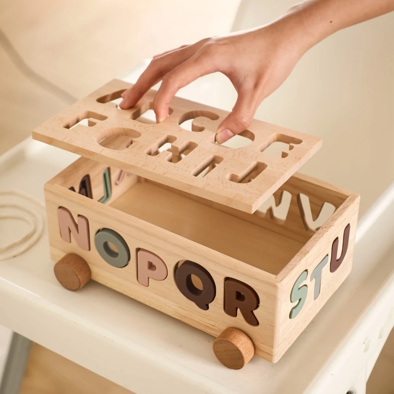 

Baby Alphabetic Cognition Multifunctional Toy Car Wooden Stack Toy Block Montessori Hand-on Ability Educational Child Block Gift