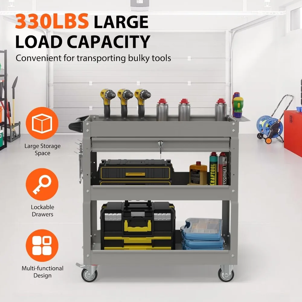Zwaar uitgevoerde gereedschapswagen met 3 niveaus op wielen, rollende gereedschapswagen op wielen met lade, 350 lbs laadvermogen servicekaart voor waren
