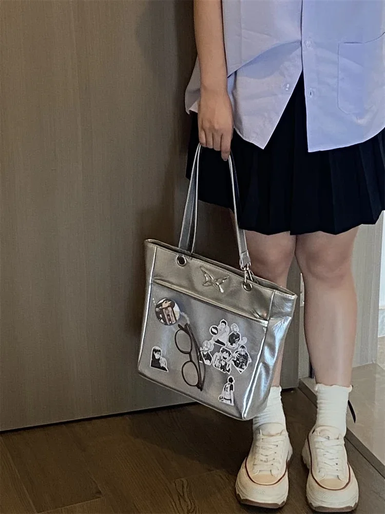 

Xiuya Silver Womens Shoulder Bag Y2k Chains Fashion Elegant Casual Ita Bag Lolita Jk Large Capacity Transparent Female Handbag