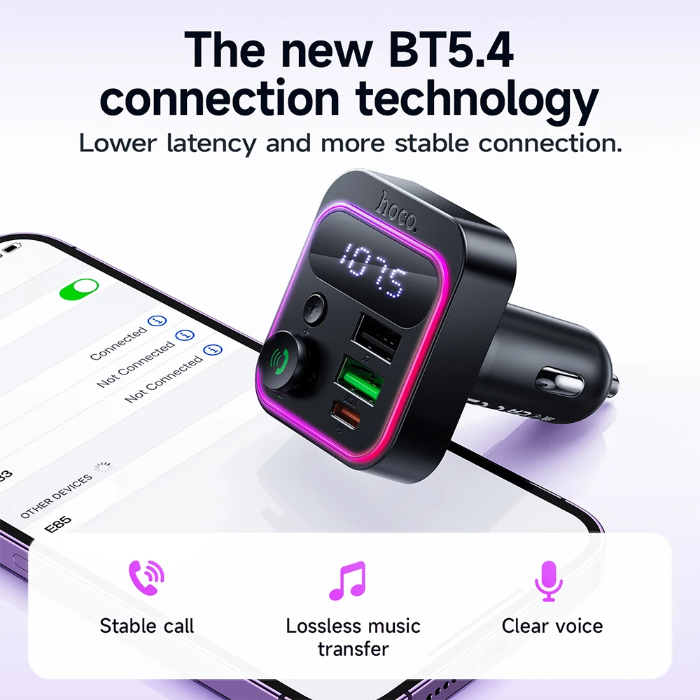 Ładowarka samochodowa HOCO PD20W QC3.0 z Bluetooth 5.4, transmiter FM, oświetleniem RGB, odtwarzaniem z dysku USB i zestawem głośnomówiącym do muzyki i audio. — zdjęcie produktu 4