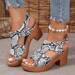 Women's Snake Print High Heels Sandals Summer 2024 Chunky Platform Gladiator Sandals Woman Thick Heeled Buckle Strap Roman Shoes