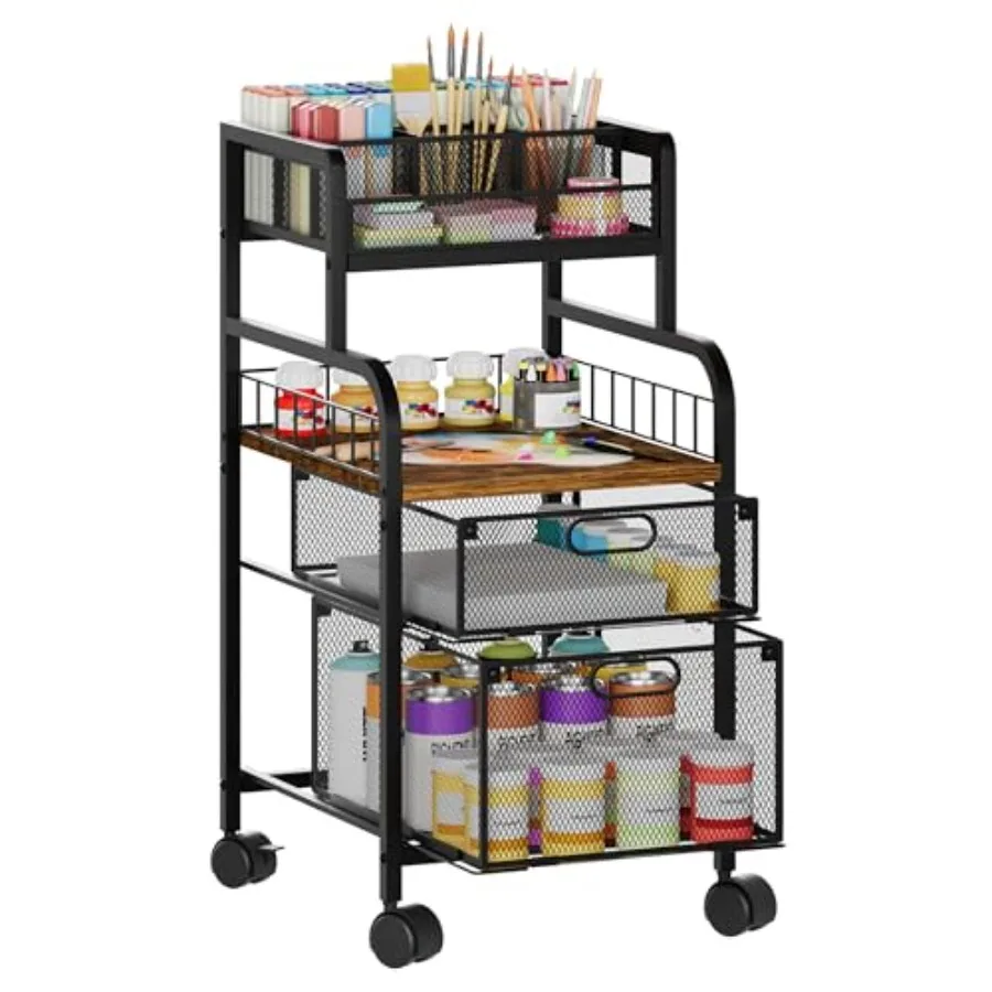 

Rolling Cart with Drawers - Metal Utility Cart with Wood Shelf DIY Divider and Locking Wheels Craft Art Cart Organizer for Unde