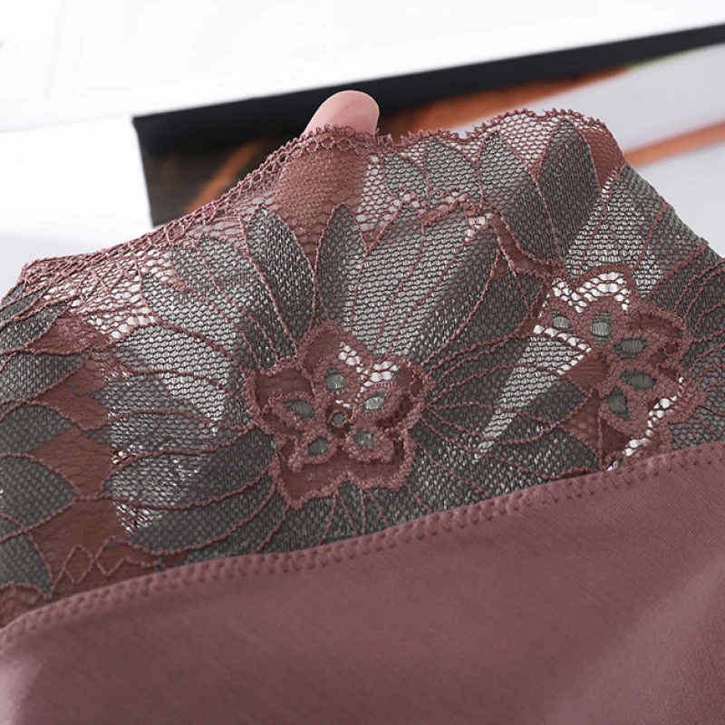 Women Luxury Lace Flower Embroidery Exquisite Sexy Hollow Satin Panties High Elasticity Breathable Middle Waist Underwear Breifs