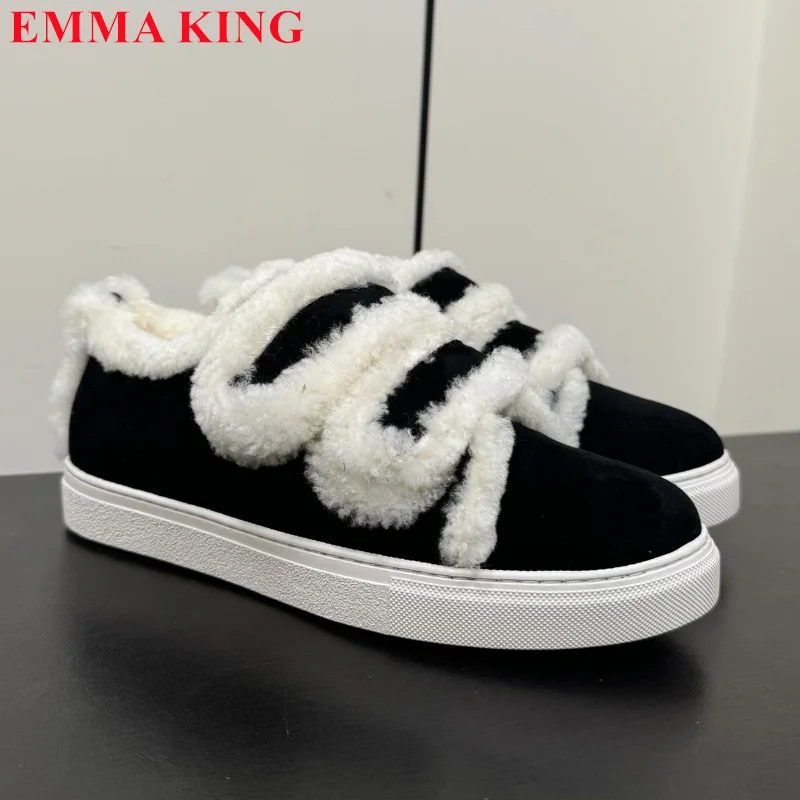 2024 Women Winter Fur Casual Shoes Suede Leather Platform Round Toe Flat Casual Sneakers Thick Sole Fluffy Ladies Designer Shoes