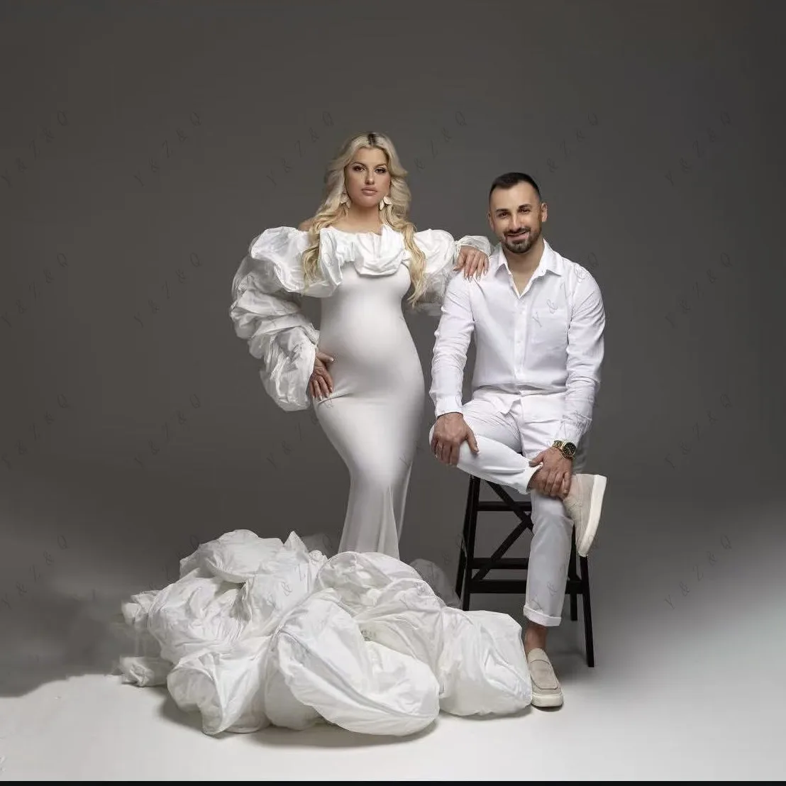 Vestidos de maternidade longos e plissados, para sessões de fotos, mangas compridas, lindos vestidos de gravidez de sereia em camadas, branco