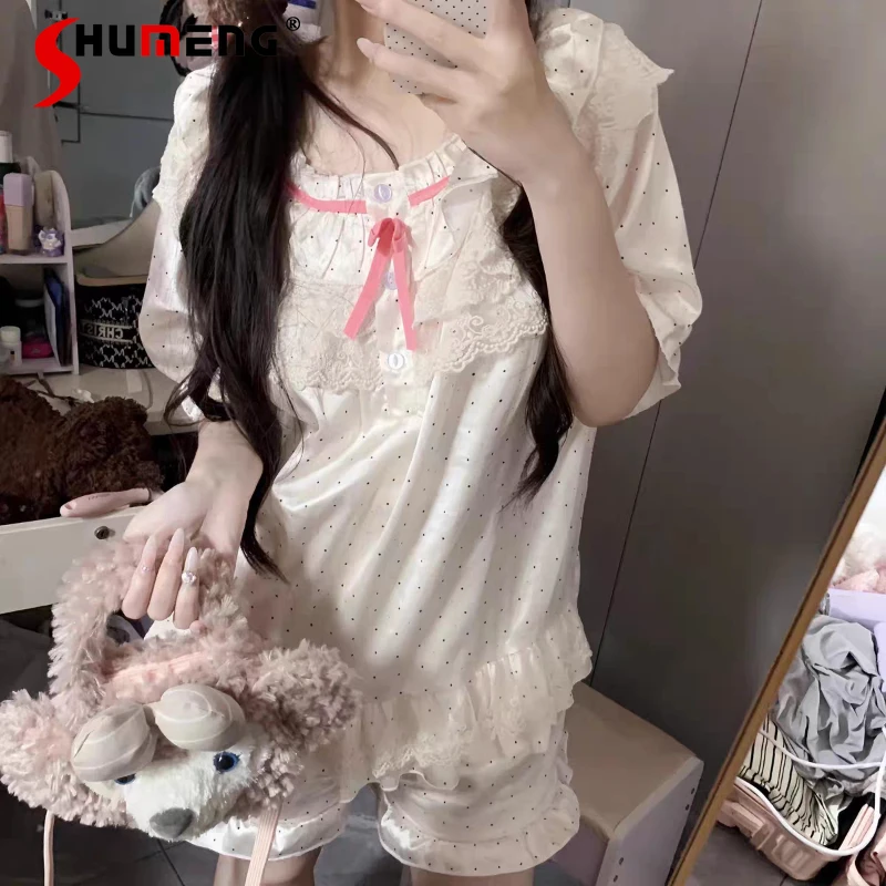 Pijamas bonitos de primavera y otoño para niña, ropa de casa de seda helada con lunares, deseo puro, estilo dulce, salón de dormir japonés