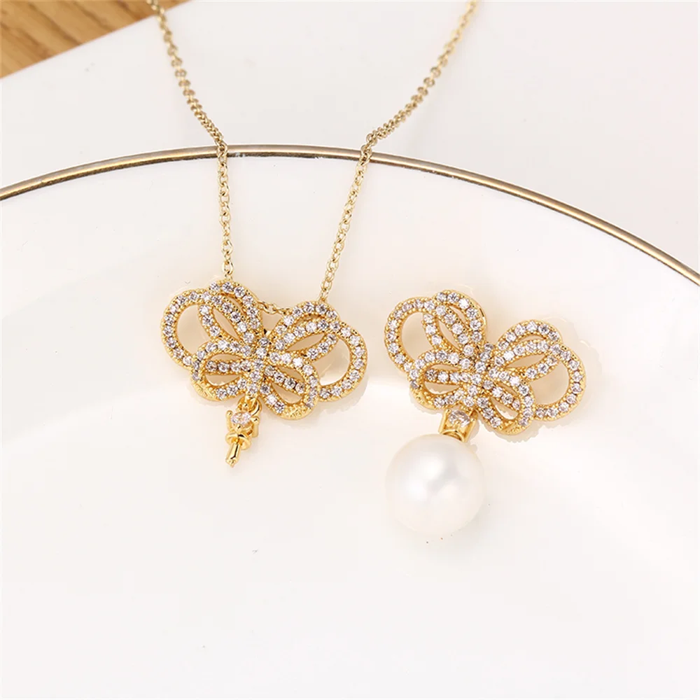 Domestic 14k Gold-coated Color-preserving Bow Micro-inlaid Zircon Pearl Pendant DIY Accessories Pendant Temperament Female