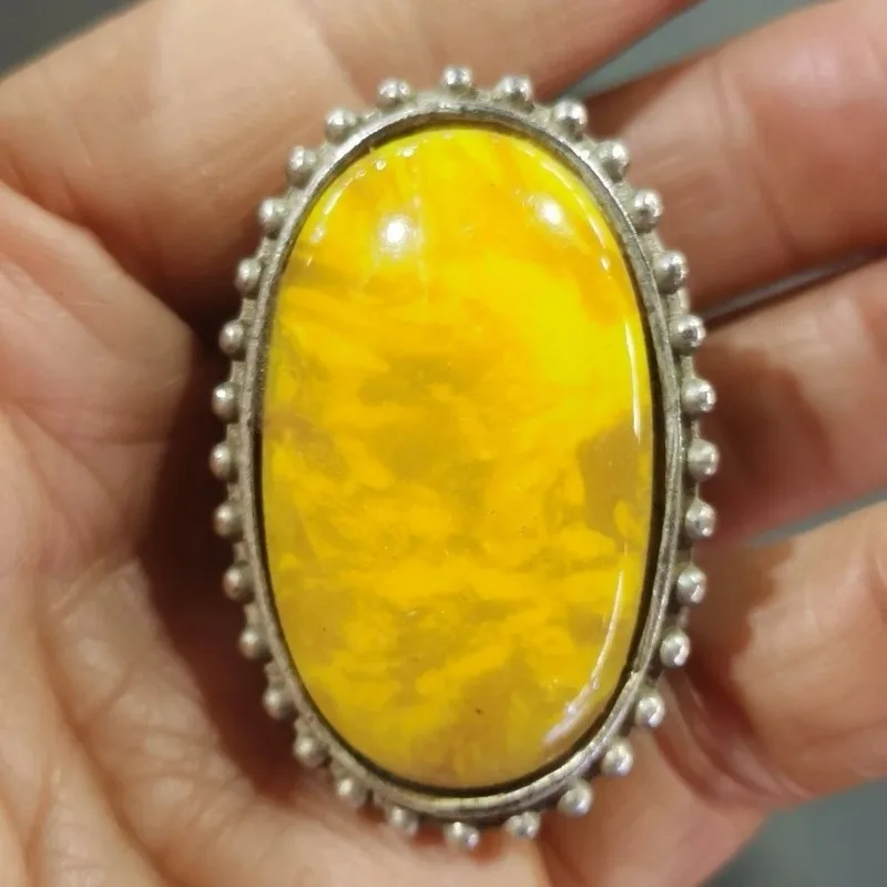 Men's Vintage Open Ring, Baked‑Blue Craft Inlaid Oversized Amber, Retro Statement Male Adjustable Finger Jewelry