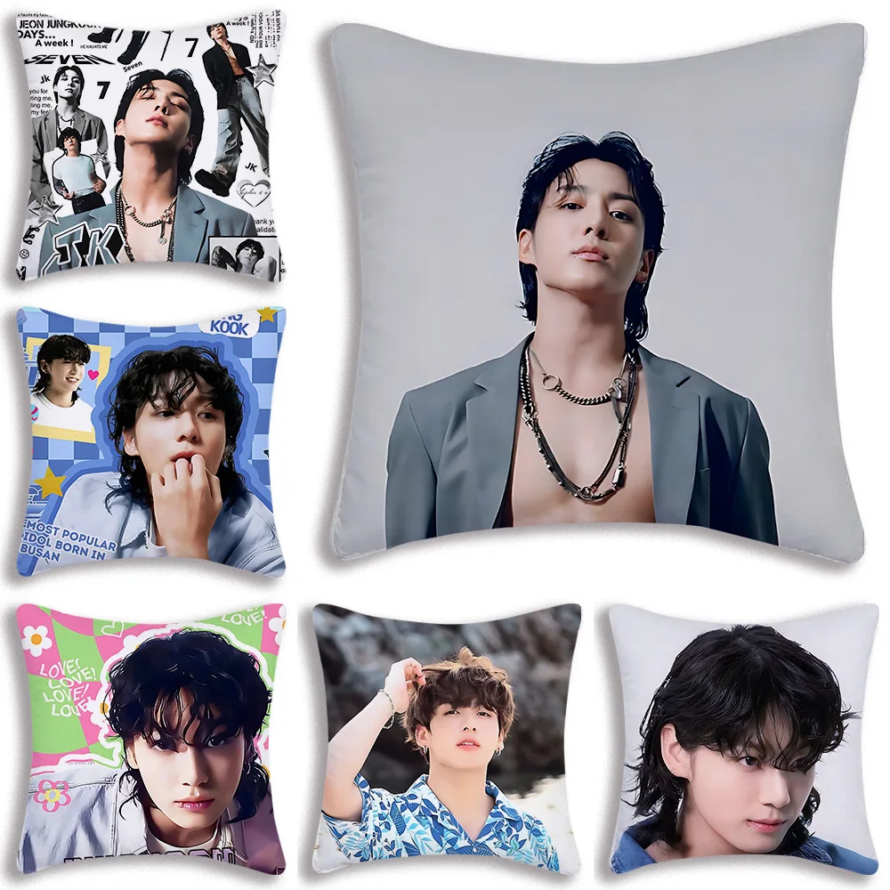 K-Pop Korean singer Jungs Kooks Pillow Covers Cartoon Sofa Decorative Home Double-sided Printing Short Plush Cute Cushion Cover