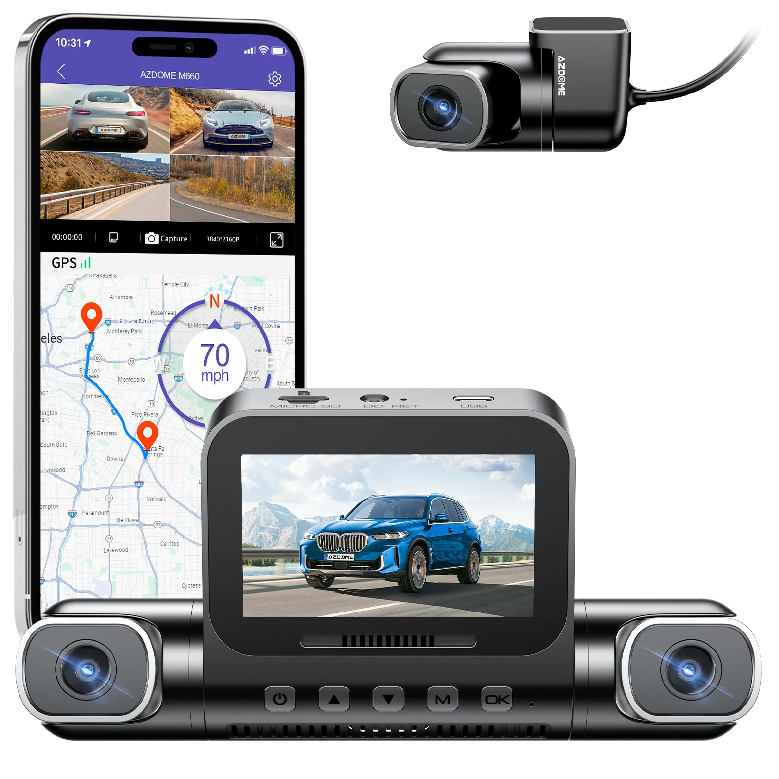 AZDOME Dash Cam M660 2K+3*1080P 4CH Car DVR GPS 5G Wifi Built-in 128GB EMMC Voice Control 24H Parking  Super Night Vision
