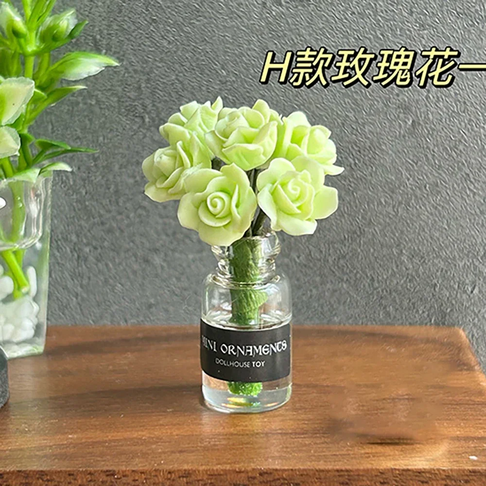 1/12 Dollhouse Miniature Roses Bottle Mini Potted Roses Flower Model Toy for Doll House Accessories Decoration OB11
