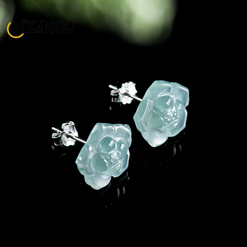 Original Natural Jadeite Blue Water Lotus Earrings 925 Silver Inlaid with Ice Jade Petals Exquisite Fashion Women's Jewelry Gift