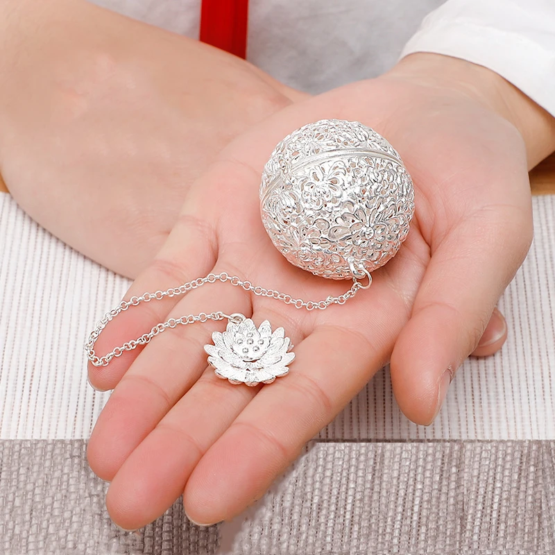 

999 Sterling Silver Ball Tea Dip Net Filter Brewing Tea Bag Kung Fu Tea Artifact Portable With Hook Rope Tea Strainer Gifts