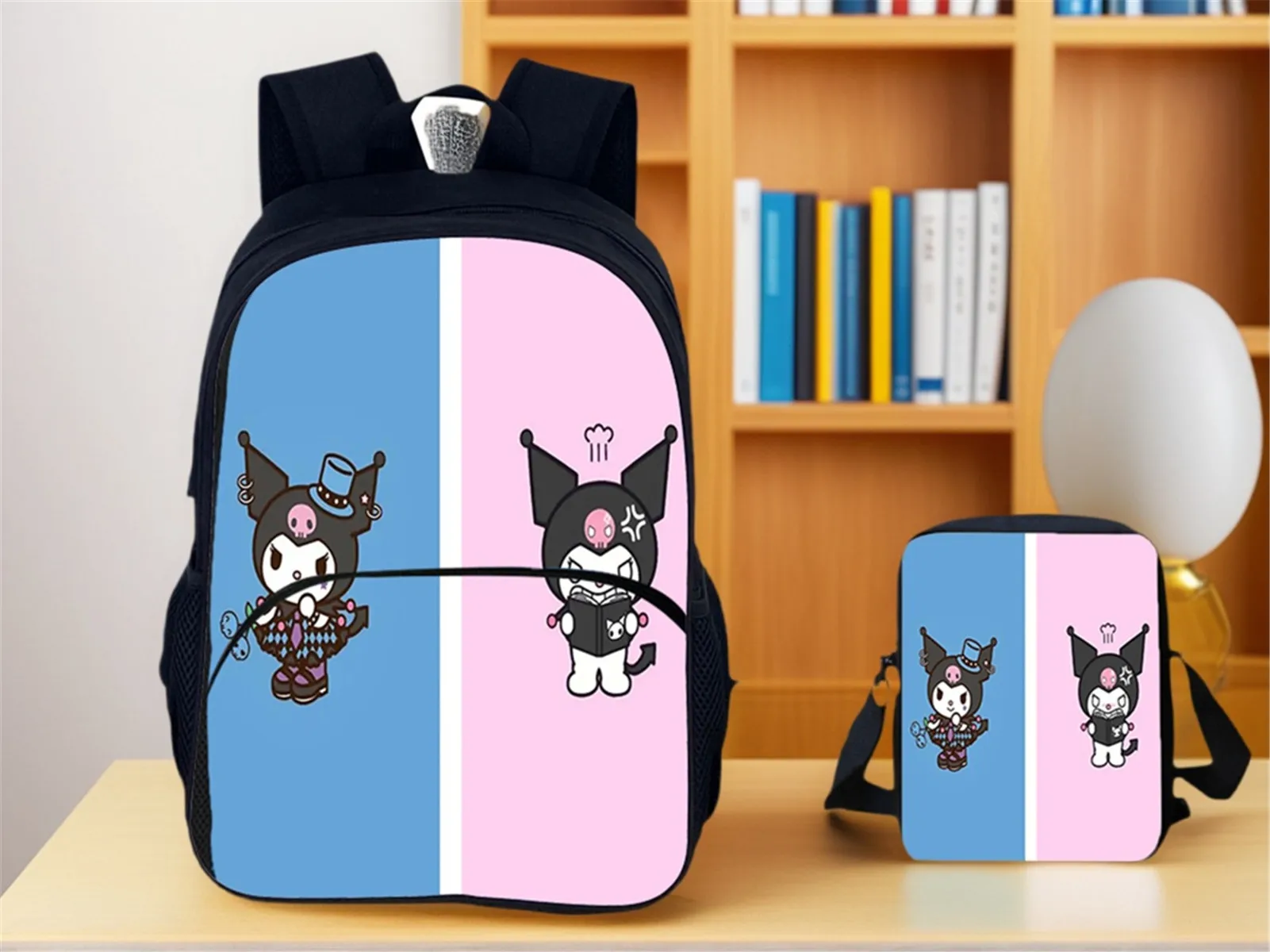 

Children Canvas Front Pocket Backpack and Sanrio Side Bag Set-Kuromi Cartoon Rucksack Waterproof School Bag