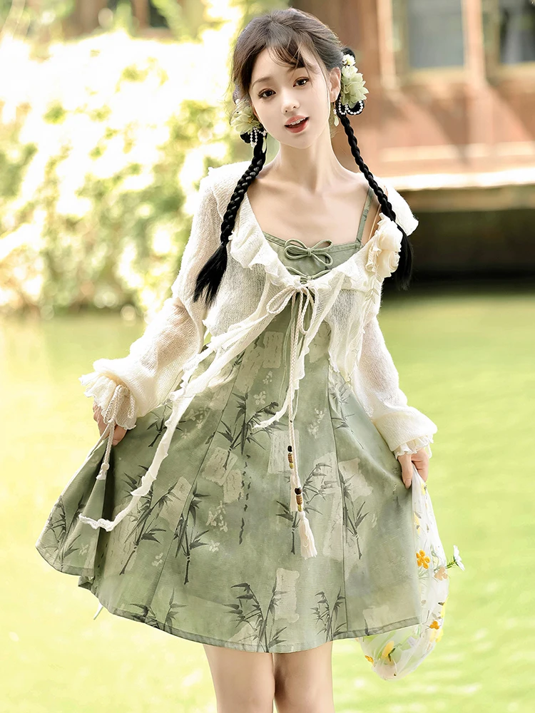 

MAGOGO Original Lolita Daily Chinese Small Fresh Absolutely Beautiful Han Elements Two-piece Sling Dress Elegant Summer Clothing