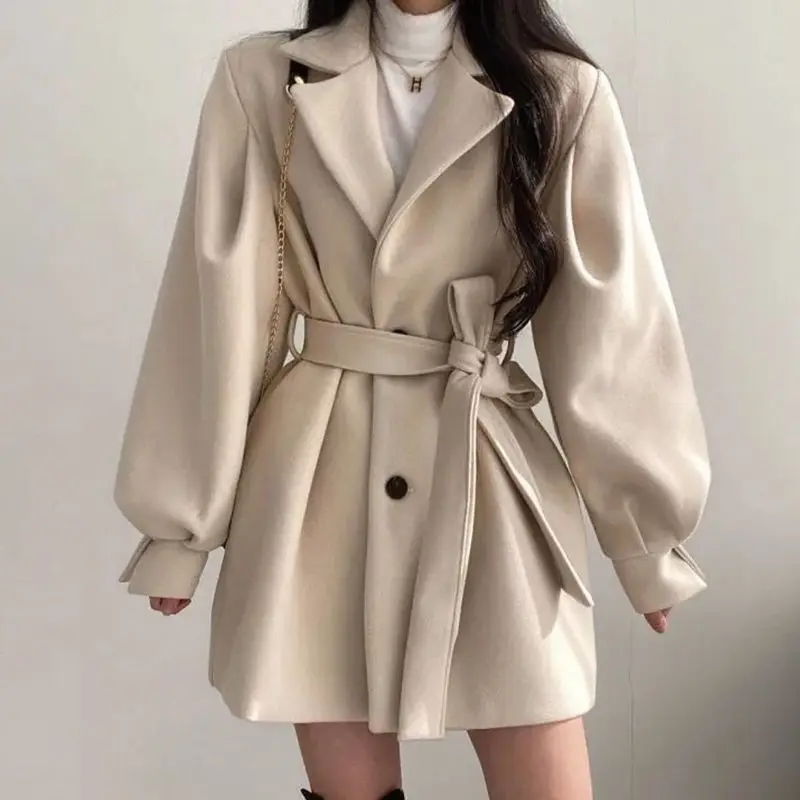 

2023 Women Solid Wool Blend Coat Loose With Belt Coats Female Warm Plus Cotton Thicker Lady Elegant Trendy Button Outwear Tops