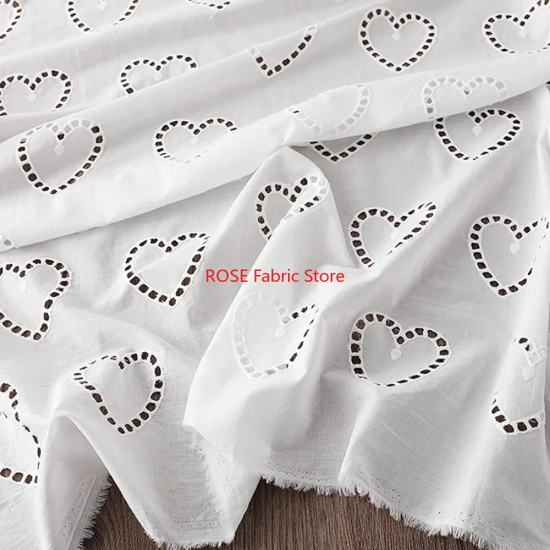 

Pure White Hollowed Love Heart Embroidery Cotton Fabric for DIY Dresses Shirts Clothes Tablecloths Window Screens